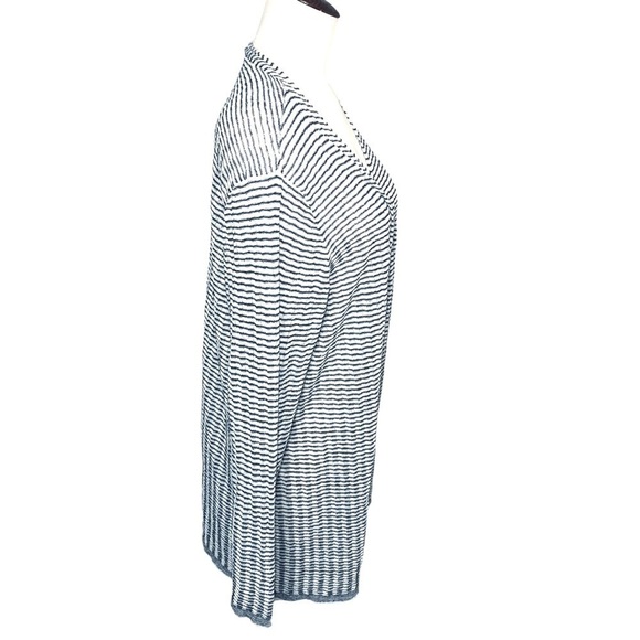 EILEEN Fisher Organic Linen Blend Striped Open Cardigan Sweater White Gray 1-2XL - Picture 3 of 13